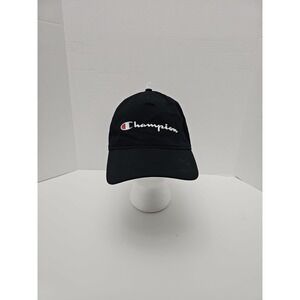 Champion Hat Cap Strap Back Adjustable Spellout Script Logo Baseball Hat Black